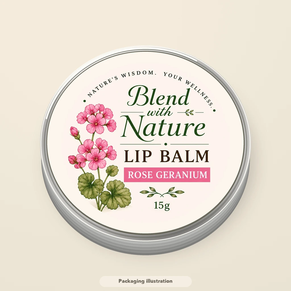 Illustrated Rose Geranium lip balm tin with Ann’s label