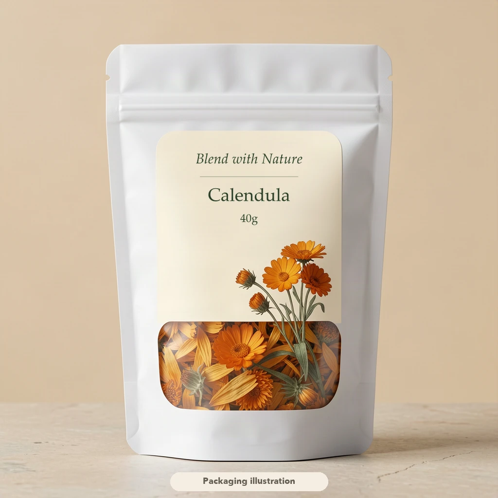 Provisional packaging illustration for a 40g calendula pouch