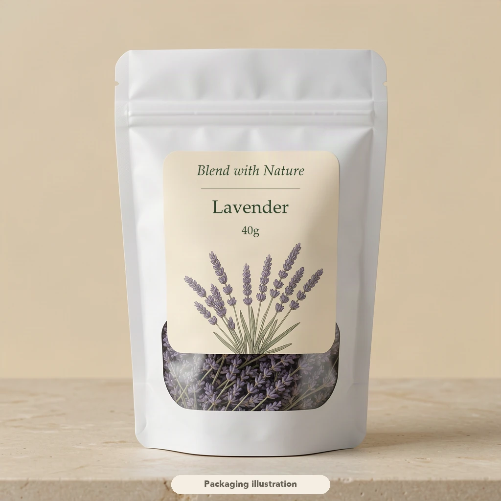 Provisional packaging illustration for a 40g lavender pouch