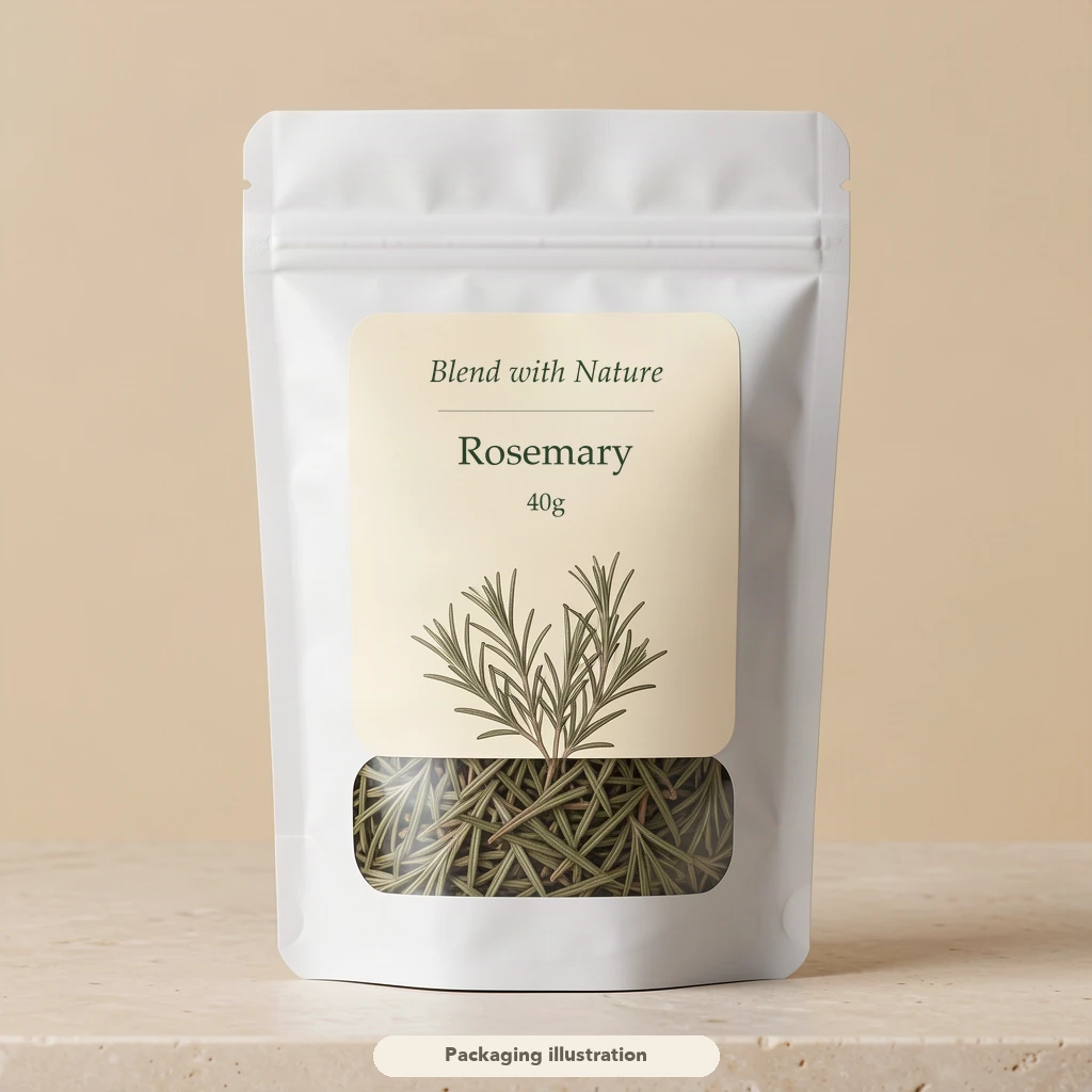 Provisional packaging illustration for a 40g rosemary pouch